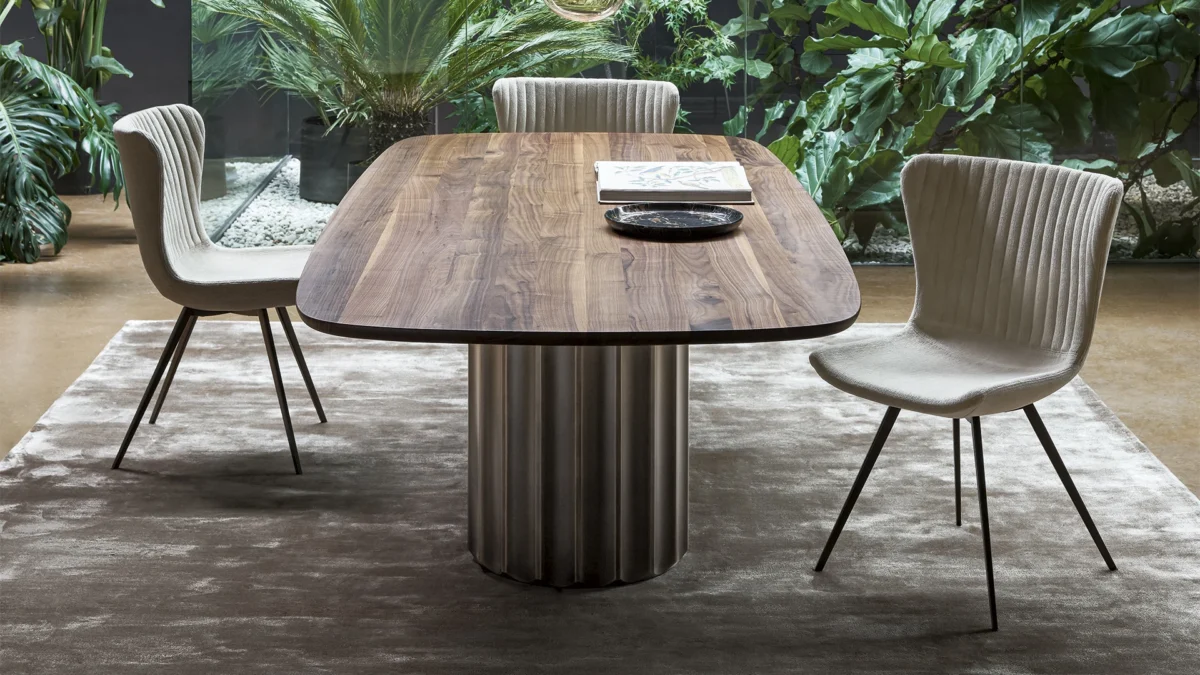 Contemporary Bonaldo Dorian barrel-shaped dining table, customizable in ceramic, marble, or wood tops across five sizes