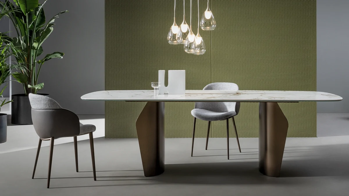 Bonaldo Flame oblong dining table with coal oak wood base and customizable marble or ceramic top, designed for modern interiors