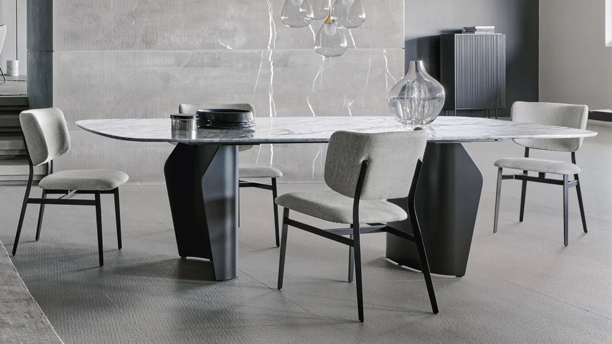 Flame Wood version by Bonaldo featuring flared wooden pedestals in Canaletto walnut supporting a ceramic or marble oval top