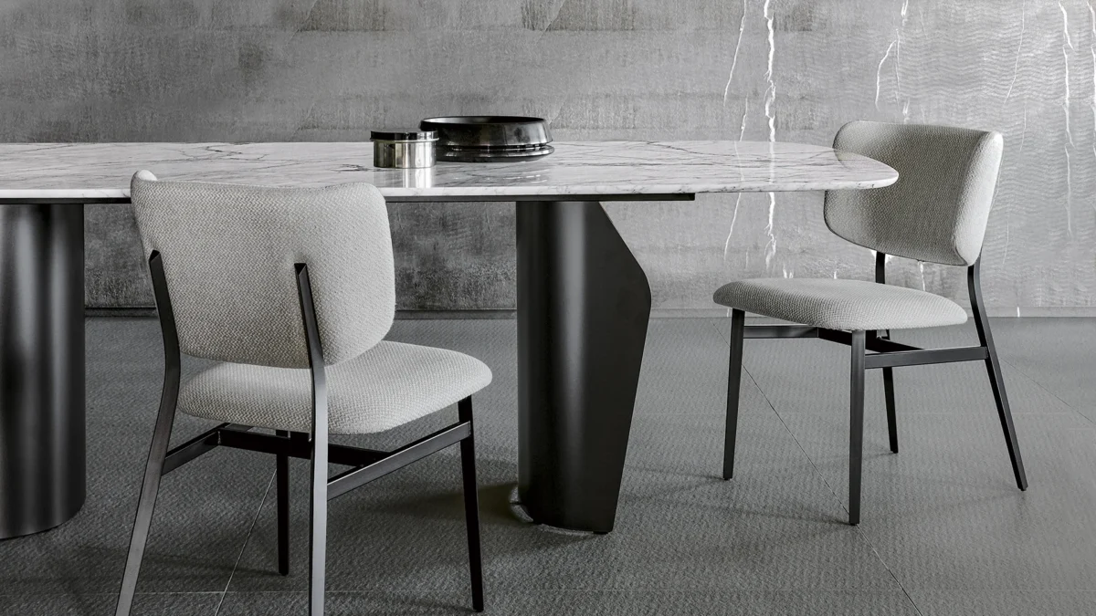 Italian-made Bonaldo Flame table with sculptural twin pedestal base and fully usable floating wood or ceramic surface