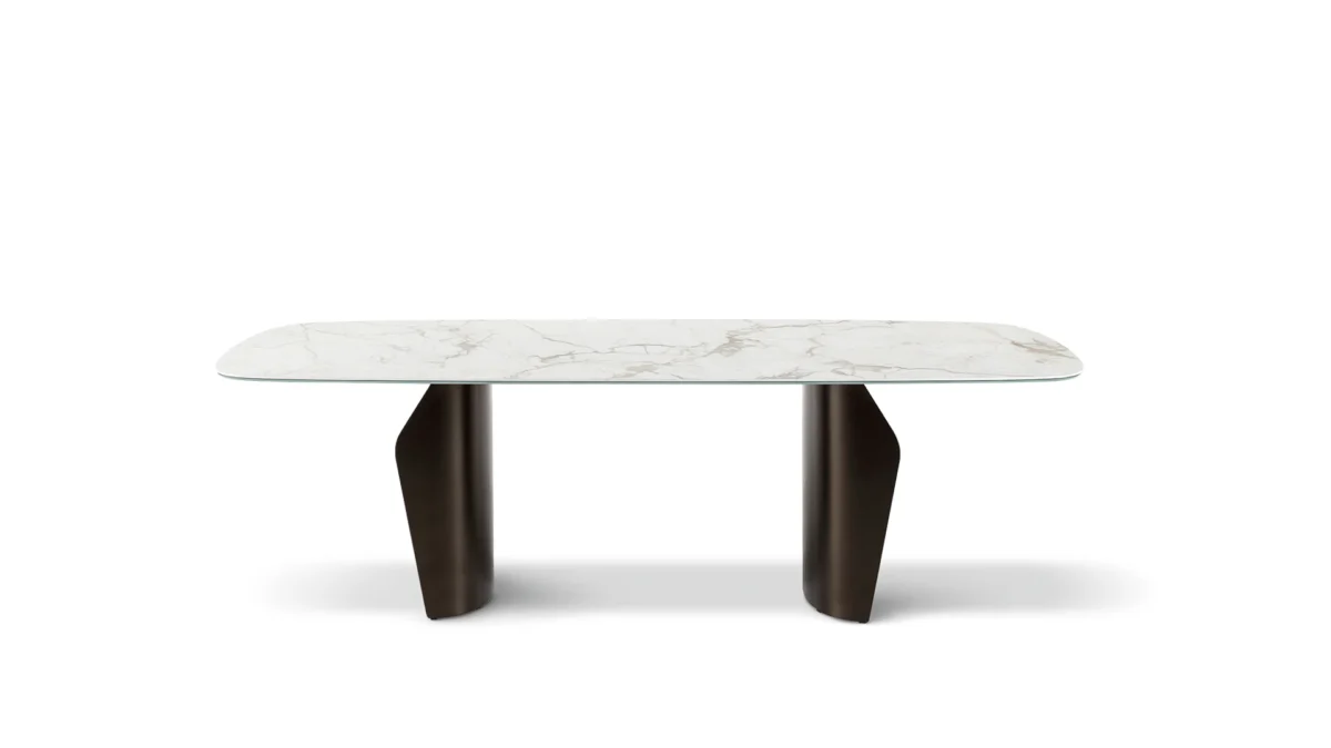 Bonaldo Flame round dining table with sinuous dual-pedestal metal base and suspended ceramic top, showcasing harmonious volumes