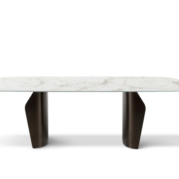 Bonaldo Flame round dining table with sinuous dual-pedestal metal base and suspended ceramic top, showcasing harmonious volumes