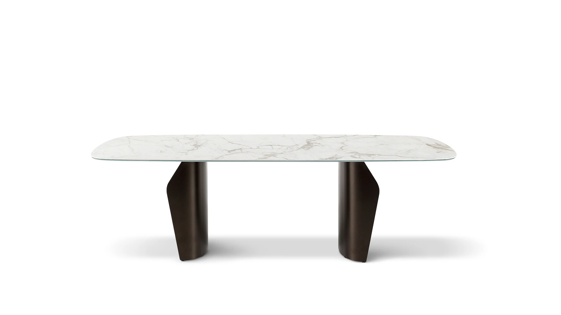 Bonaldo Flame round dining table with sinuous dual-pedestal metal base and suspended ceramic top, showcasing harmonious volumes