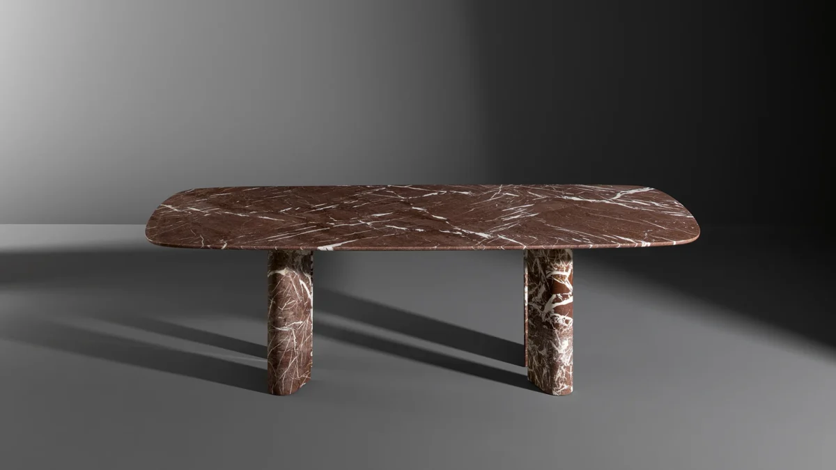 Bonaldo Geometric Table Wood in ebony finish with four teardrop‑shaped legs creating a chameleon visual effect