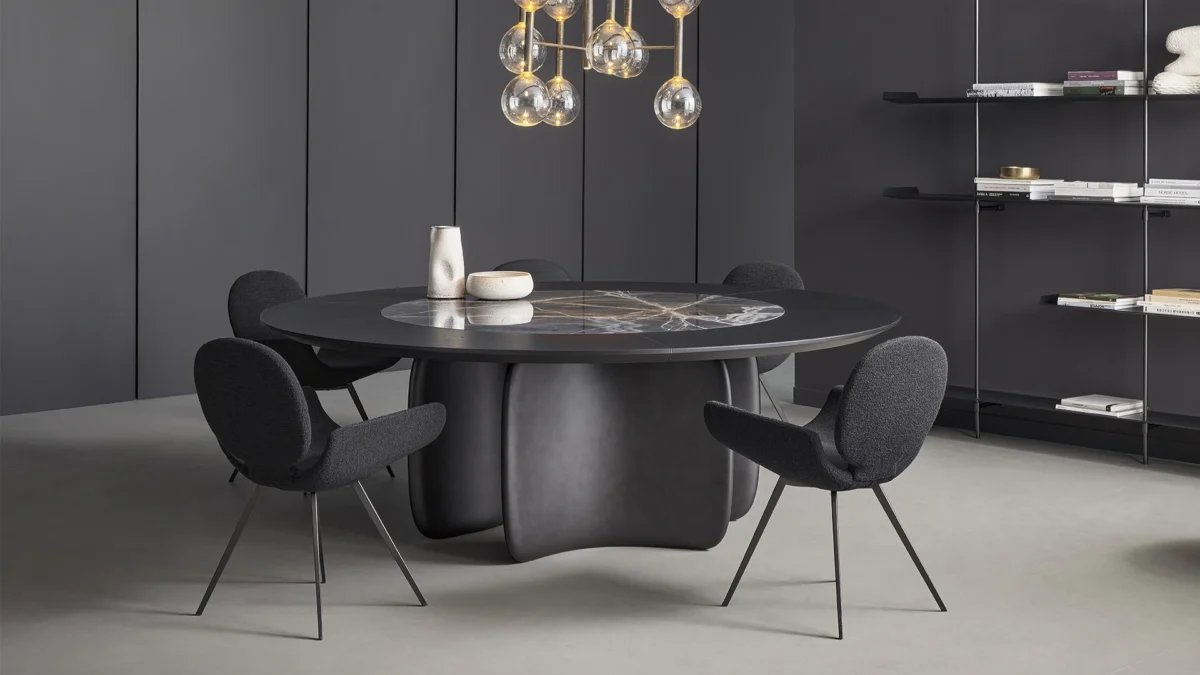 Italian-designed Mellow ST table by Bonaldo featuring brushed coal oak outer ring and swivel ceramic top