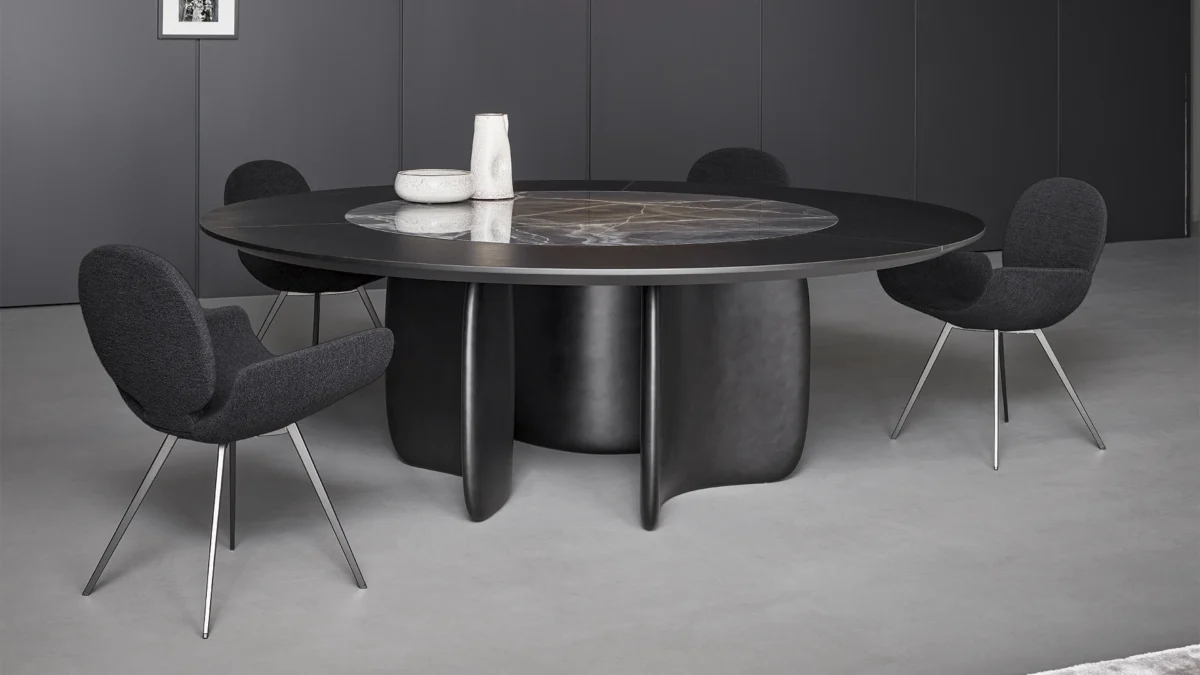 Elegant Mellow ST table from Bonaldo’s 2023 collection featuring soft curvilinear form and customizable finishes
