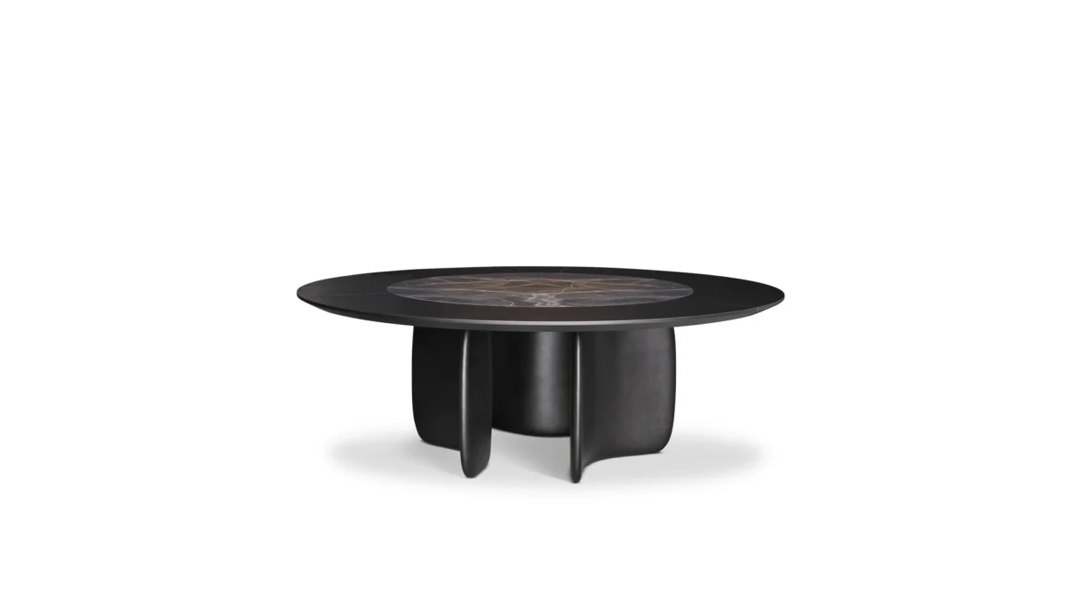 Bonaldo Mellow ST round dining table with swiveling ceramic insert and curvaceous polyurethane base