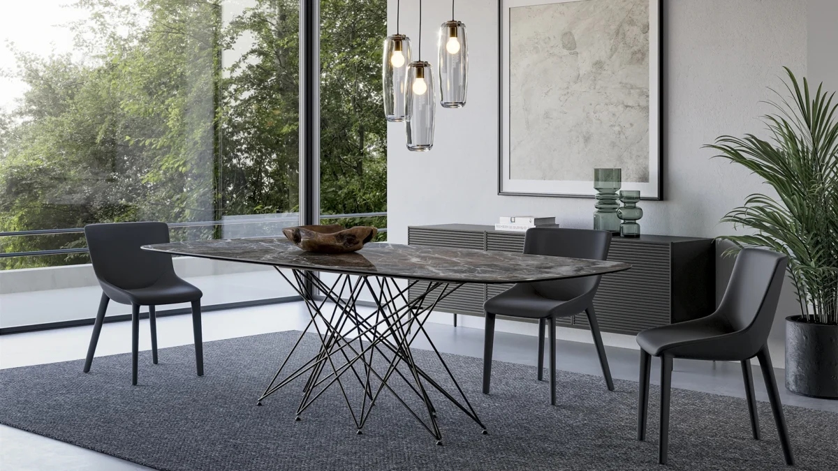 Bonaldo Octa table with barrel-shaped solid wood surface and chaotic Shanghai-stick inspired support