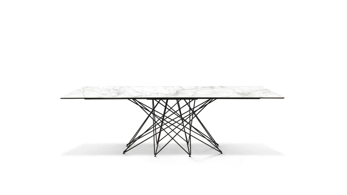 Bonaldo Octa dining table with intricate interlaced metal leg base and sleek rectangular wood top