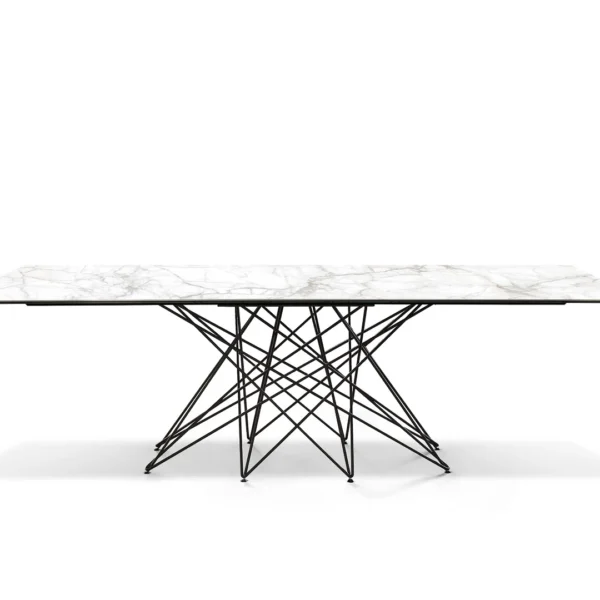 Bonaldo Octa dining table with intricate interlaced metal leg base and sleek rectangular wood top