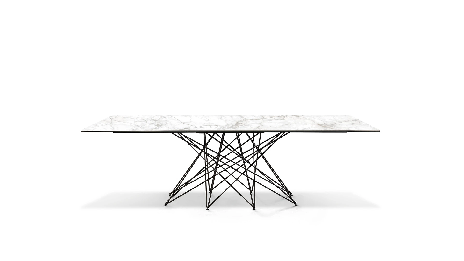 Bonaldo Octa dining table with intricate interlaced metal leg base and sleek rectangular wood top