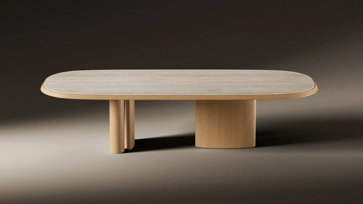 Elegant Pavilions table by Bonaldo in brushed coal oak with asymmetrical angular pedestal base