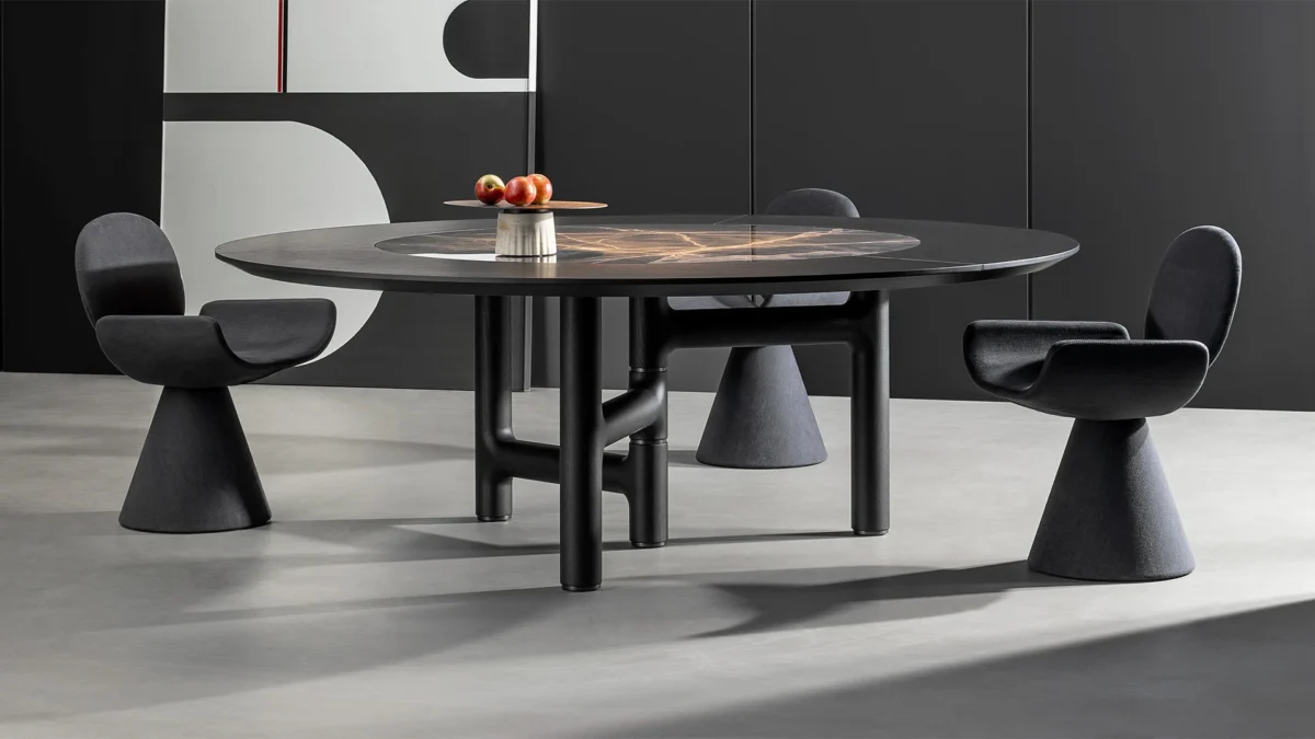 Elegant Pivot ST by Bonaldo: round rotating ceramic top in Laurent or Calacatta, with charcoal ash wood frame and metal inserts.