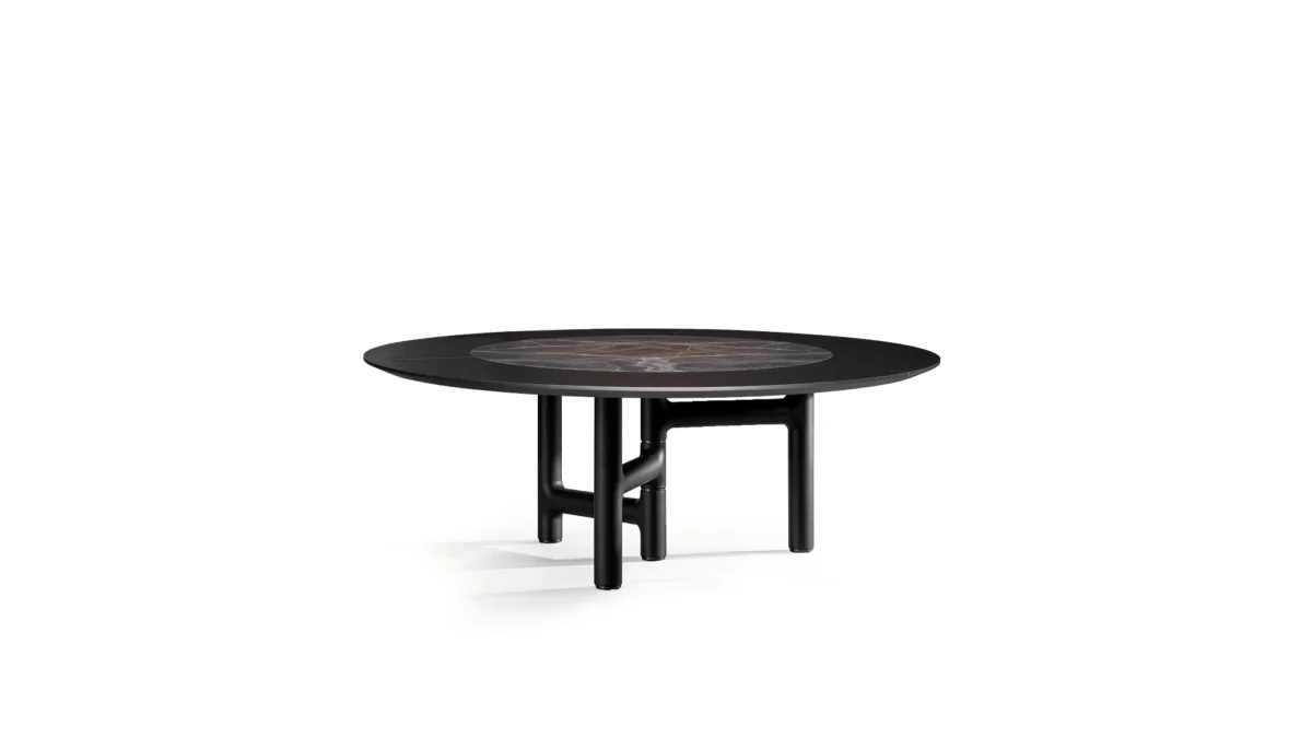 Bonaldo Pivot ST round dining table with external brim in brushed coal oak and ceramic swivel top section, 160 cm diameter.