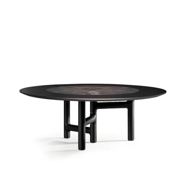 Bonaldo Pivot ST round dining table with external brim in brushed coal oak and ceramic swivel top section, 160 cm diameter.