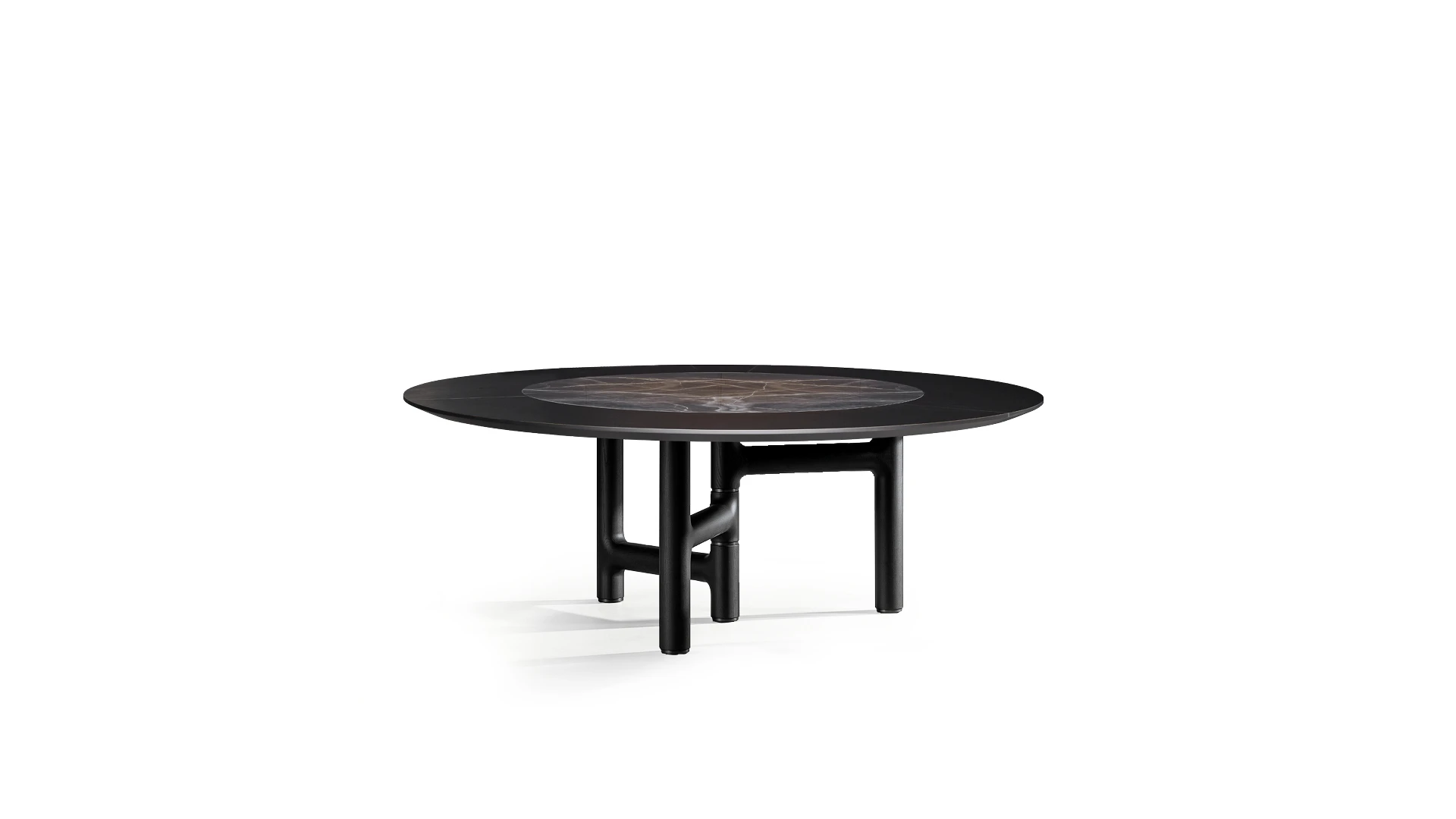 Bonaldo Pivot ST round dining table with external brim in brushed coal oak and ceramic swivel top section, 160 cm diameter.