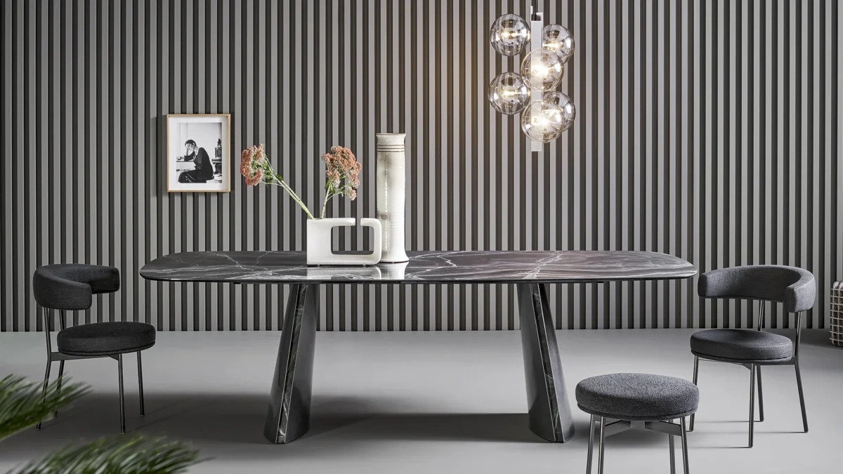 Bonaldo Torii round table (ST version) with swiveling ceramic inset and angled metal supports in warm wood frame