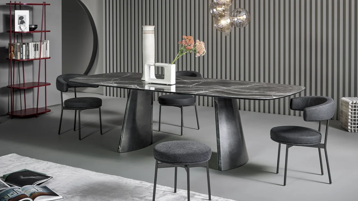 Bonaldo Torii round table (ST version) with swiveling ceramic inset and angled metal supports in warm wood frame