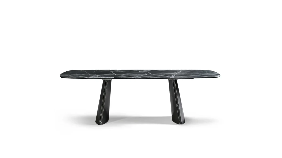 Bonaldo Torii dining table featuring rectangular dark marble top and two slightly inclined metal legs inspired by Japanese torii gates