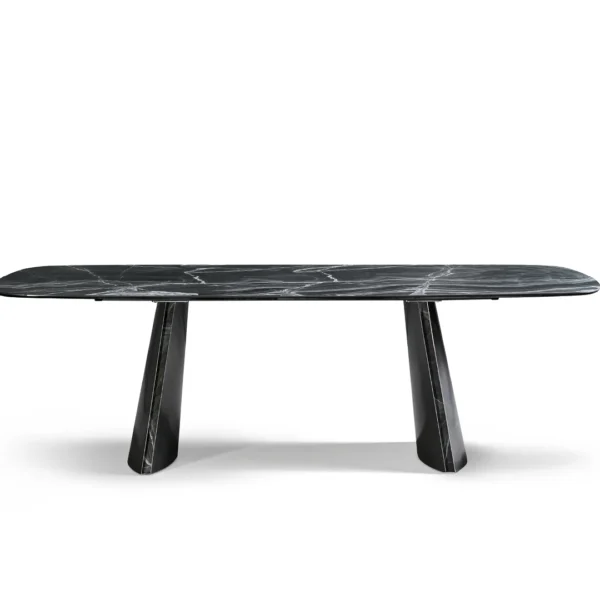 Bonaldo Torii dining table featuring rectangular dark marble top and two slightly inclined metal legs inspired by Japanese torii gates