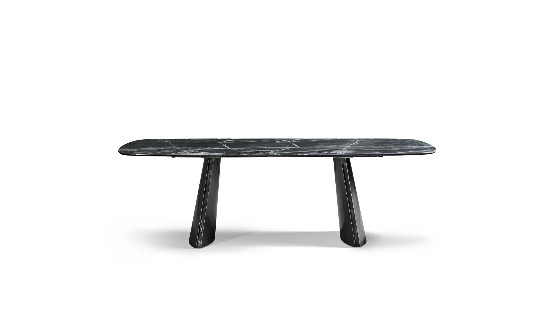 Bonaldo Torii dining table featuring rectangular dark marble top and two slightly inclined metal legs inspired by Japanese torii gates