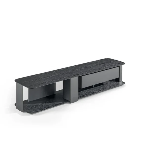 Paddle TV Stand by Bonaldo featuring Canaletto walnut veneer, bronze-lacquered drawer, and slim bronze-painted metal frame.