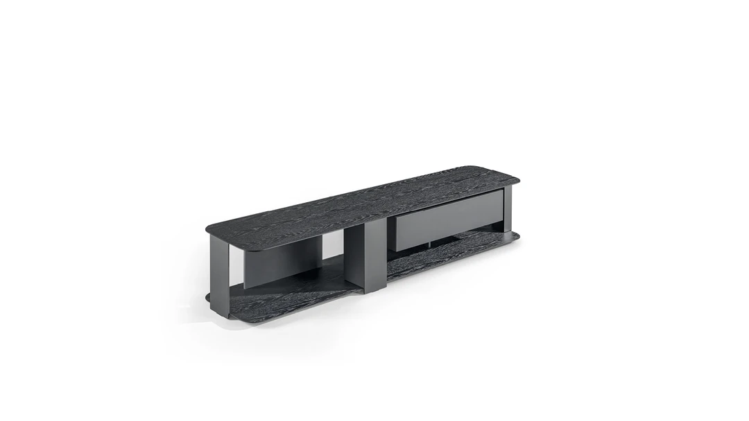 Paddle TV Stand by Bonaldo featuring Canaletto walnut veneer, bronze-lacquered drawer, and slim bronze-painted metal frame.
