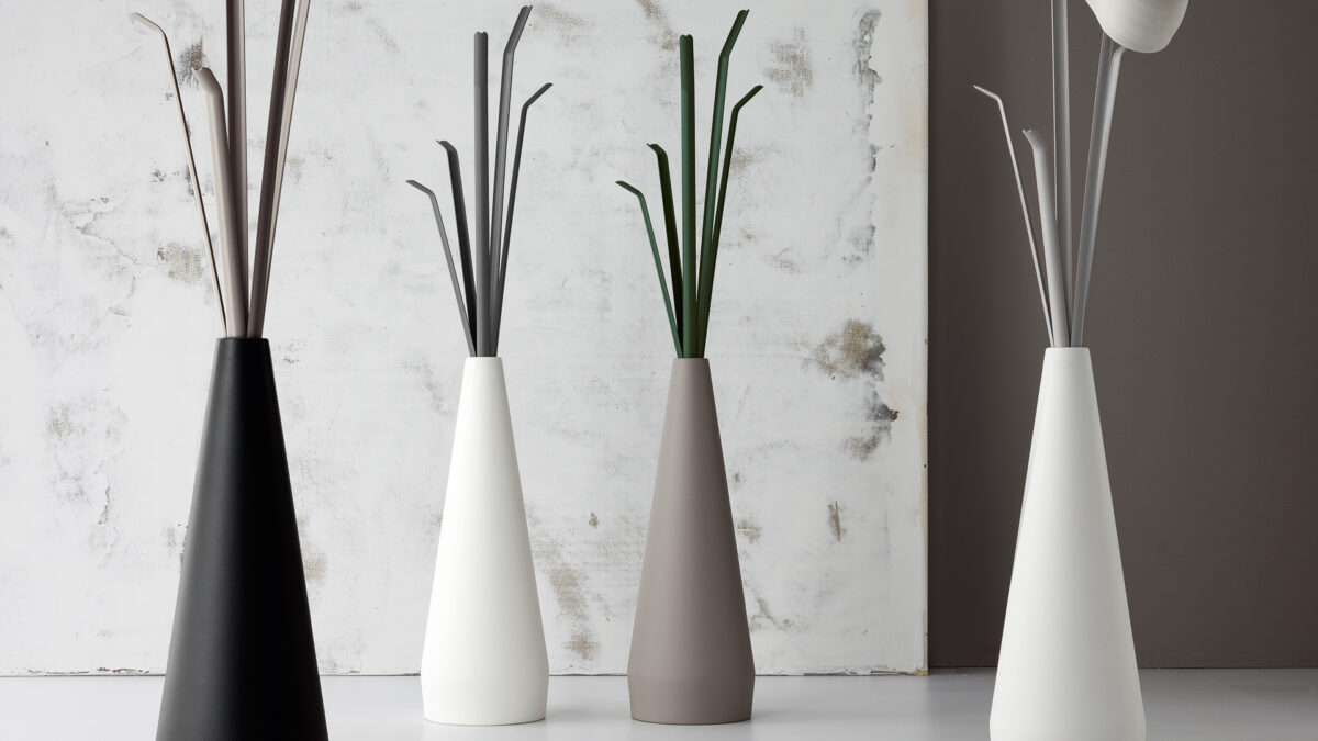 "Front view of Kadou featuring sculptural steel ‘branches’ and a smooth polyethylene base."