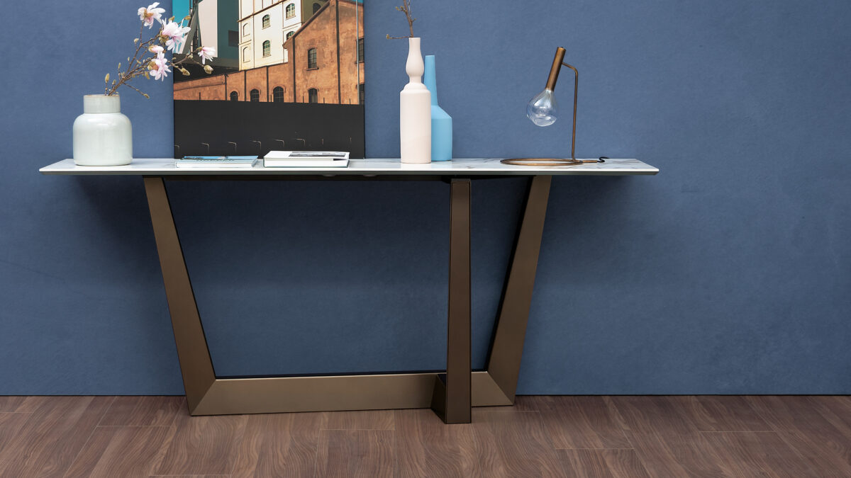 "Side view of the Art Console by Bonaldo showcasing its slender profile and graphic structure."