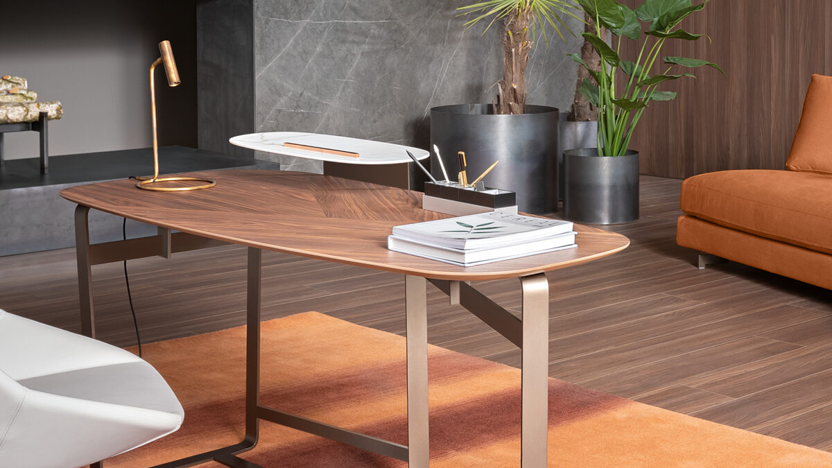"Gauss chair in fabric upholstery with clean stitching and modern design lines."