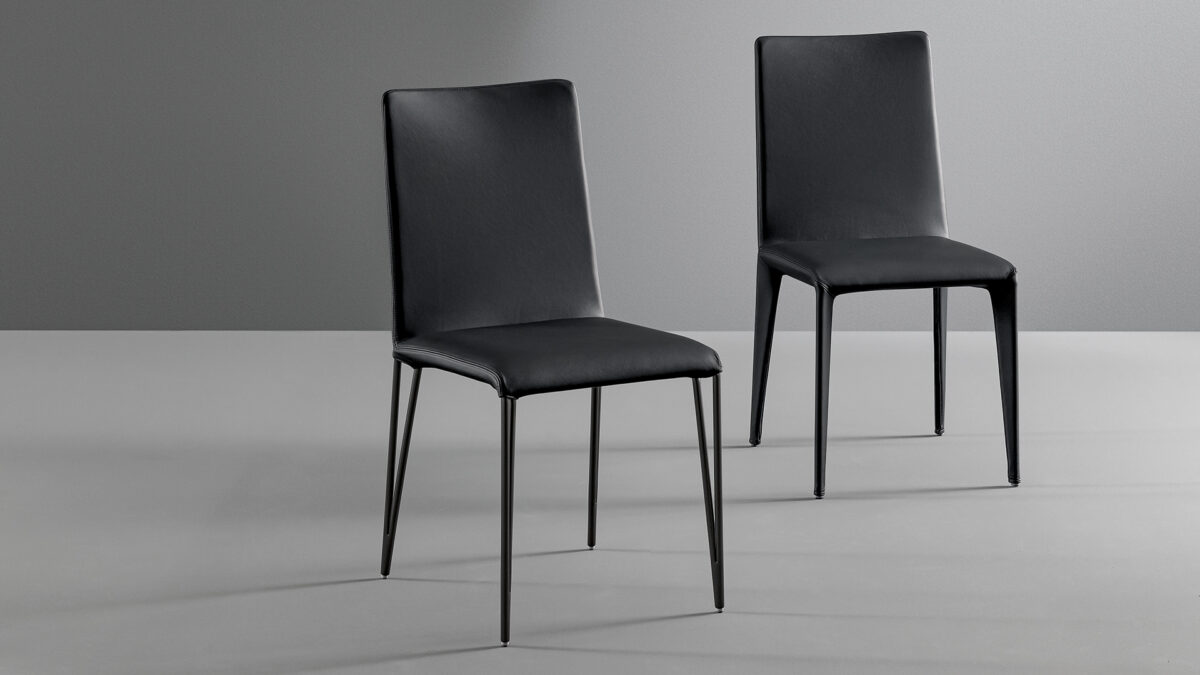 "Filly chair by Bonaldo with minimalist padded seat and slim metal legs in matte finish."