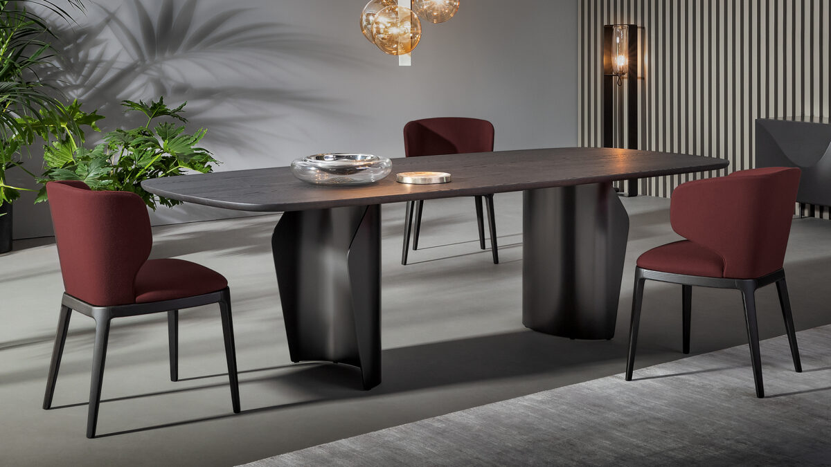 "Modern Joy chair in light fabric upholstery and charcoal ash wood legs by Bonaldo."