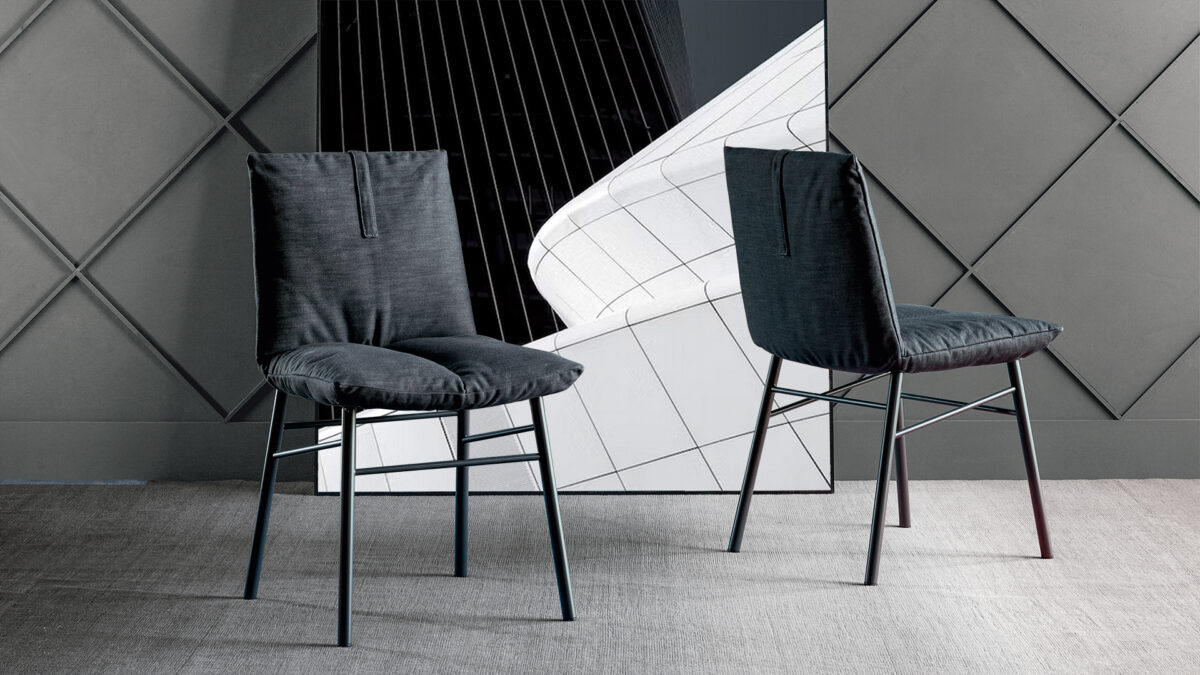 "Miss Pill chair with bi-material upholstery and sleek metal base, combining style and comfort."