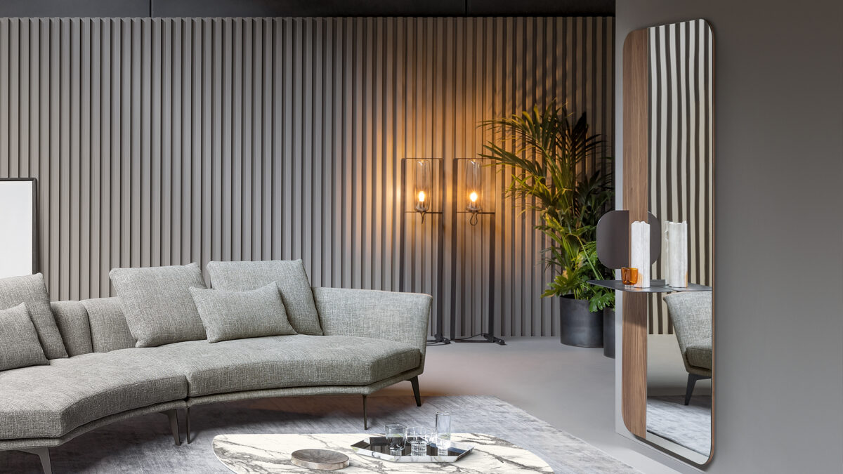 "Close-up of Blabla mirror’s shelf edge and polished mirror surface."