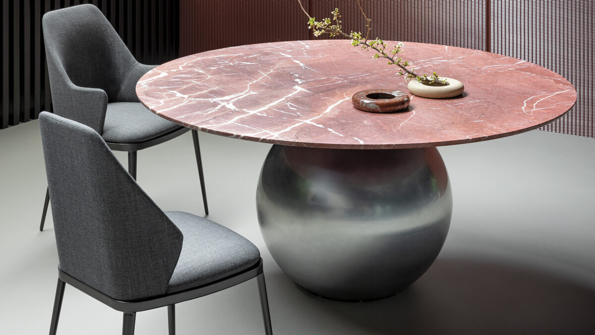 Bonaldo Circus circular table with ceramic top and anthracite sphere pedestal