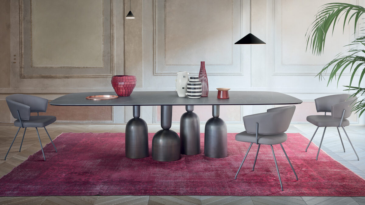 Contemporary Bonaldo Cop console with double pedestal base and glossy ceramic surface