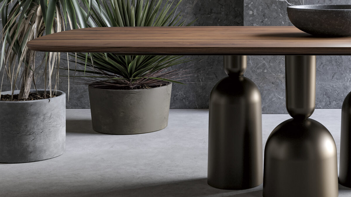 Cop by Bonaldo in coal oak wood top on lead‑metal pedestal base