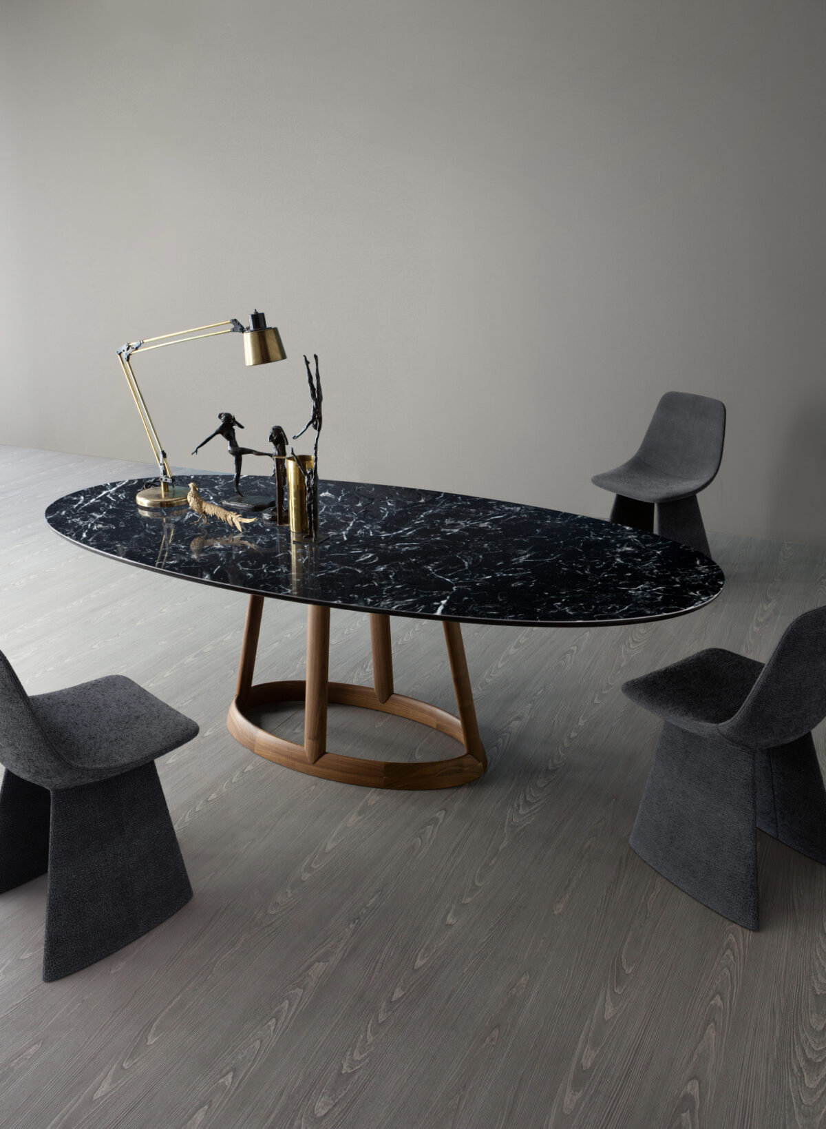 Modern Greeny table with slender wooden column base and thin glass top