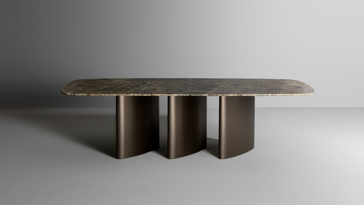 Stylish Louver Table Wood with solid American walnut legs designed by Alain Gilles