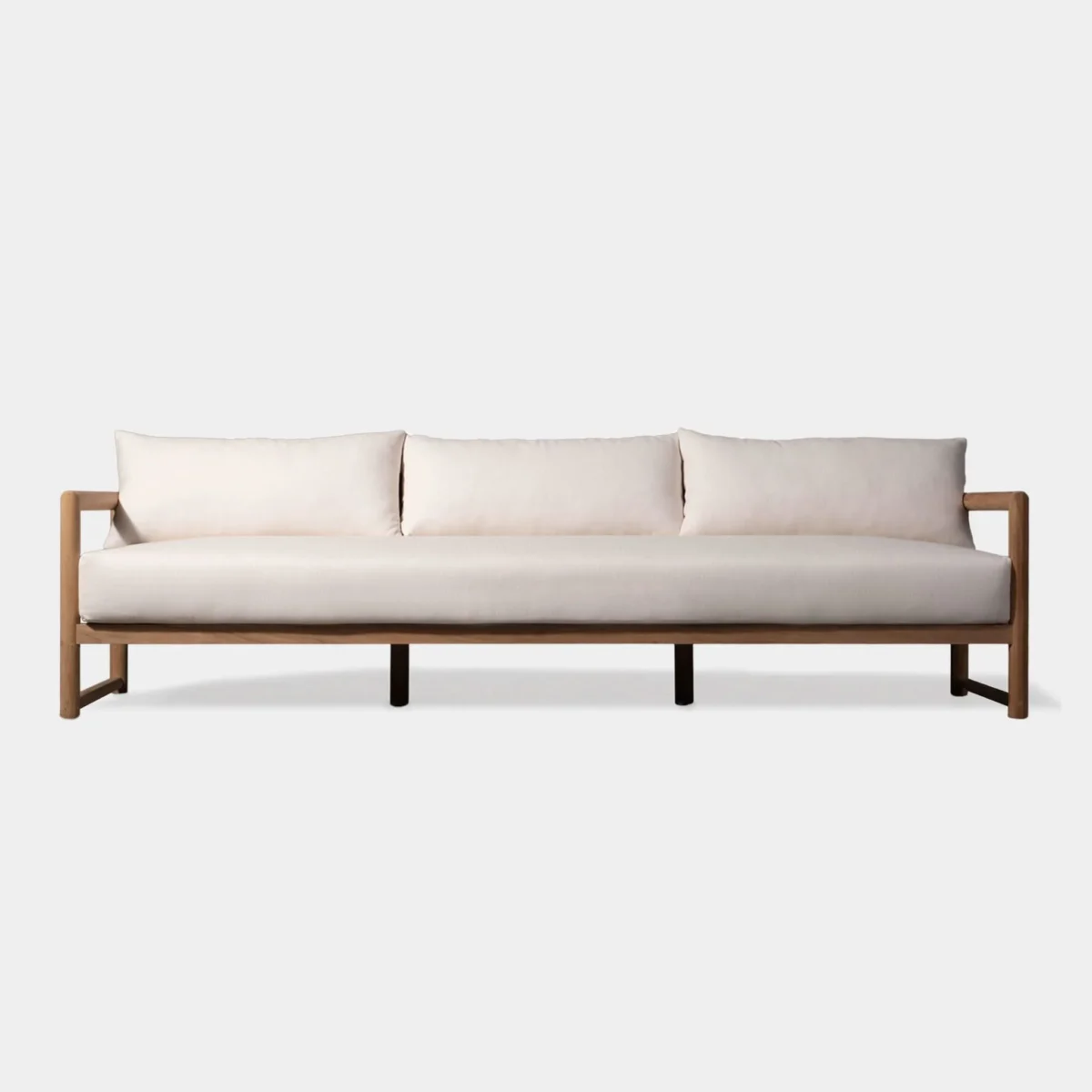 “Front view of Breeze XL Teak 3 Seat Sofa – luxury patio furniture with wide armrests and plush seating”