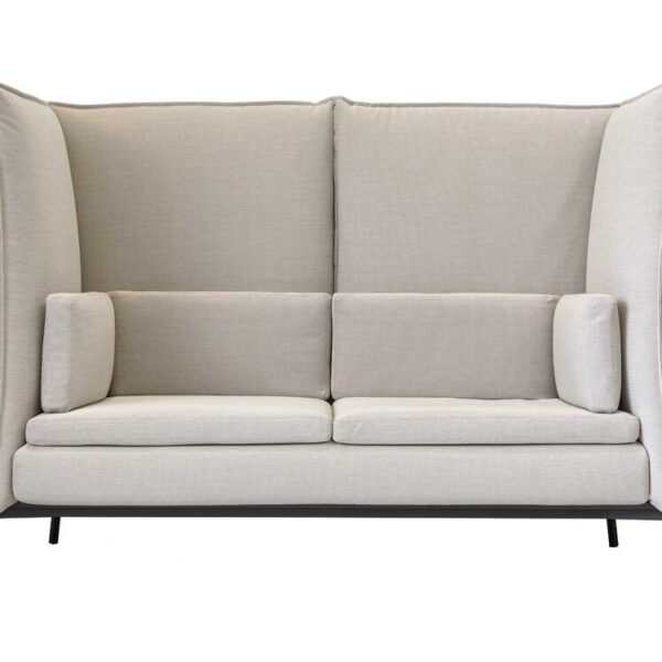 “Minimalist Basket sofa with deep seating and visible metal base, upholstered in textured fabric, ideal for contemporary interiors.”