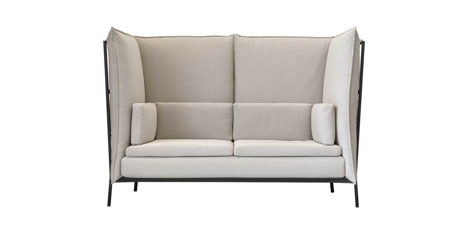 “Minimalist Basket sofa with deep seating and visible metal base, upholstered in textured fabric, ideal for contemporary interiors.”