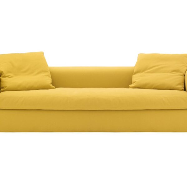 “Cuba 25 sofa by Cappellini – low-profile three-seater upholstered in vibrant orange fabric, featuring loose back cushions and a sleek rectangular silhouette.”