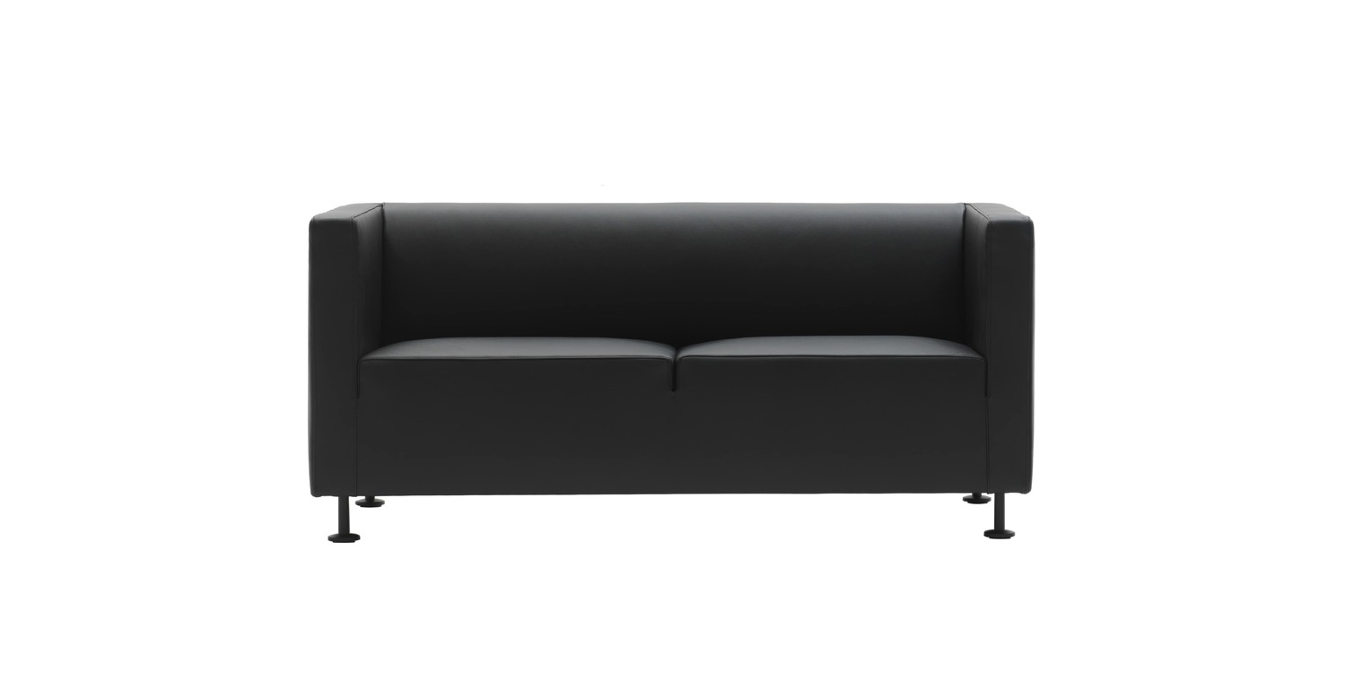 “Front-facing Gambetta single seat in bold red leather, highlighting clean lines, straight arms, and low metal legs.”