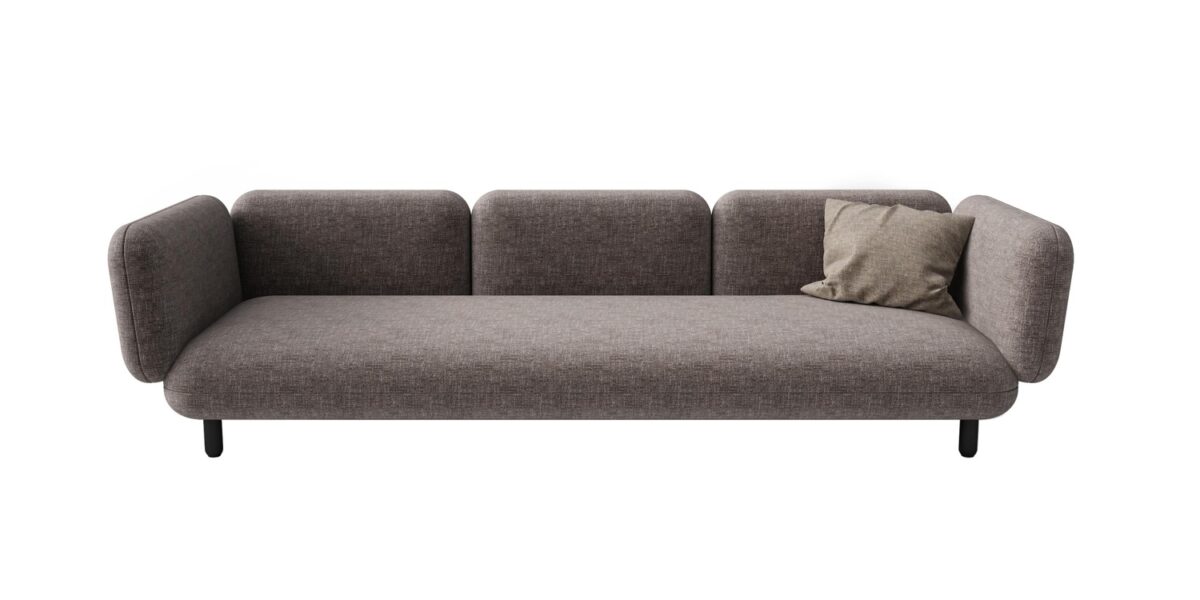 “Back view of Hobo Contract sofa showing straight back cushions mounted on evenly spaced wooden legs.”