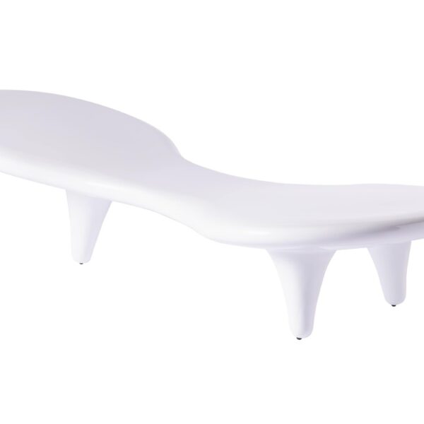 “Detail of the Orgone Table's conical legs and smooth, flowing surface in white lacquered fiberglass.”