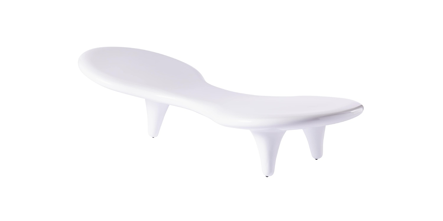 “Detail of the Orgone Table's conical legs and smooth, flowing surface in white lacquered fiberglass.”