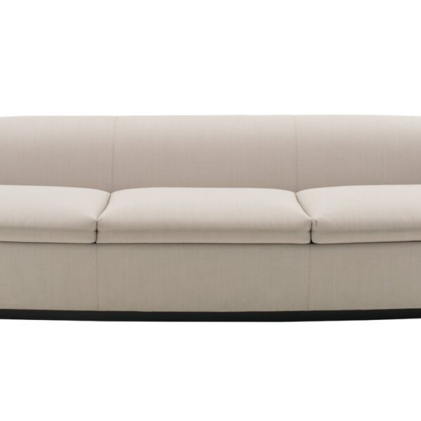 “Detailed shot of Orla’s swivel base and organic curves, upholstered in rich dark leather.”