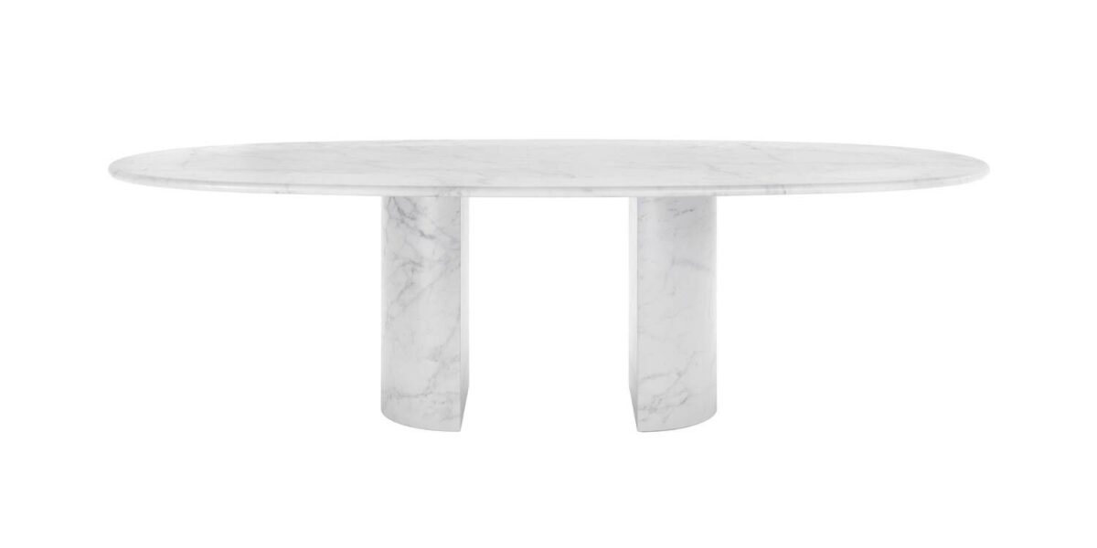 “Detail of Dolmen’s underside showing the joint between the marble top and semicircular base with soft felt feet.”