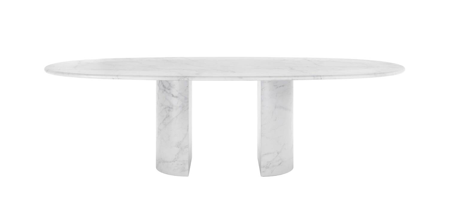 “Detail of Dolmen’s underside showing the joint between the marble top and semicircular base with soft felt feet.”